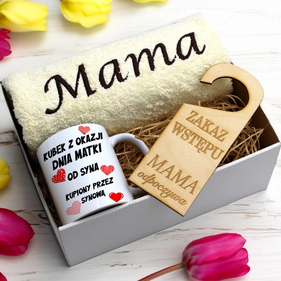 KOMPLET DLA MAMY RĘCZNIK Z HAFTEM + KUBEK 330ml NA PREZENT DZIEŃ MATKI MAMA