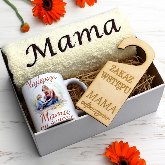 KOMPLET DLA MAMY RĘCZNIK Z HAFTEM + KUBEK 330ml NA PREZENT DZIEŃ MATKI MAMA