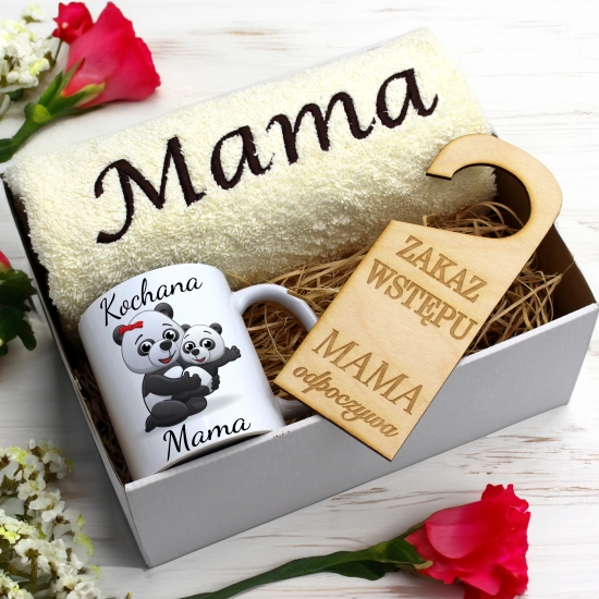 KOMPLET DLA MAMY RĘCZNIK Z HAFTEM + KUBEK 330ml NA PREZENT DZIEŃ MATKI MAMA