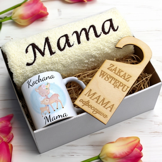 KOMPLET DLA MAMY RĘCZNIK Z HAFTEM + KUBEK 330ml NA PREZENT DZIEŃ MATKI MAMA