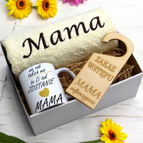 KOMPLET DLA MAMY RĘCZNIK Z HAFTEM + KUBEK 330ml NA PREZENT DZIEŃ MATKI MAMA