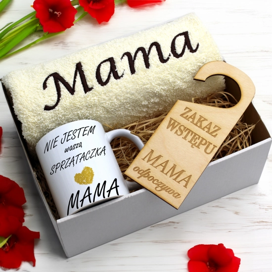 KOMPLET DLA MAMY RĘCZNIK Z HAFTEM + KUBEK 330ml NA PREZENT DZIEŃ MATKI MAMA