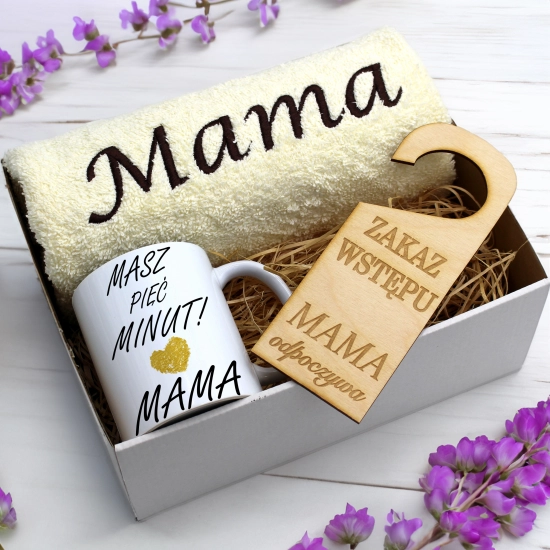 KOMPLET DLA MAMY RĘCZNIK Z HAFTEM + KUBEK 330ml NA PREZENT DZIEŃ MATKI MAMA