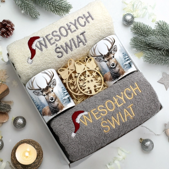 ZESTAW PREZENT ŚWIĄTECZNY KOMPLET KUBKI RĘCZNIKI ŚWIĘTA MIKOŁAJ POD CHOINKĘ