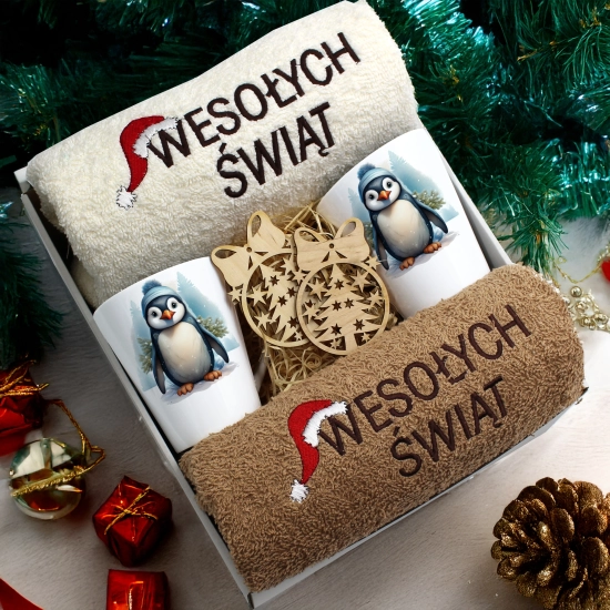ZESTAW PREZENT ŚWIĄTECZNY KOMPLET KUBKI LATTE RĘCZNIKI ŚWIĘTA MIKOŁAJ