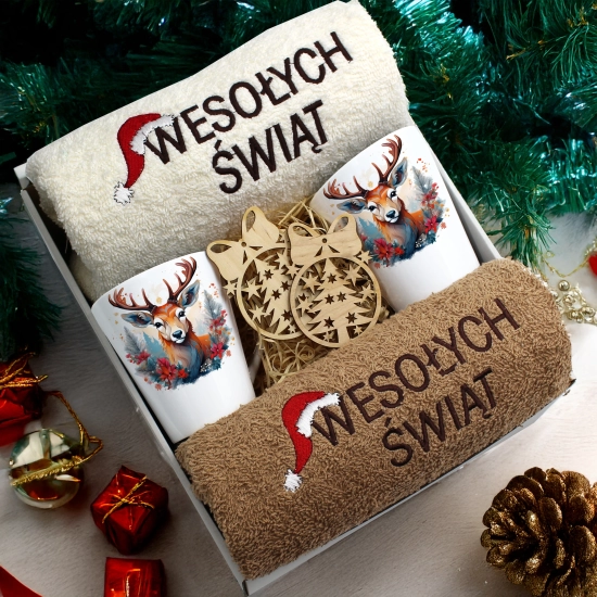 ZESTAW PREZENT ŚWIĄTECZNY KOMPLET KUBKI LATTE RĘCZNIKI ŚWIĘTA MIKOŁAJ