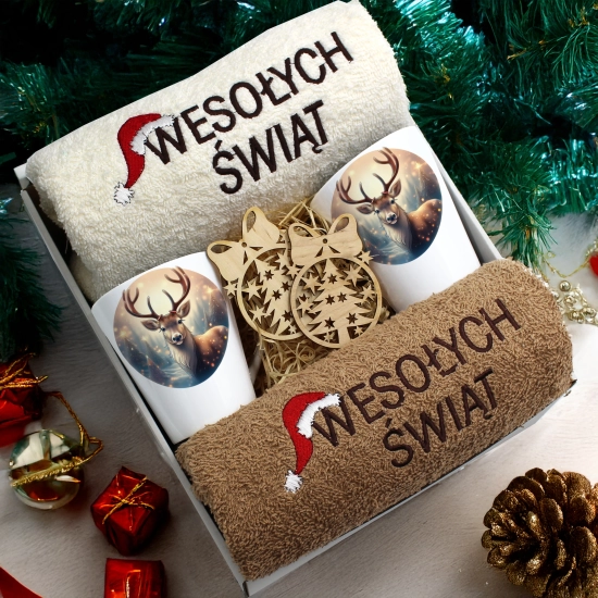 ZESTAW PREZENT ŚWIĄTECZNY KOMPLET KUBKI LATTE RĘCZNIKI ŚWIĘTA MIKOŁAJ