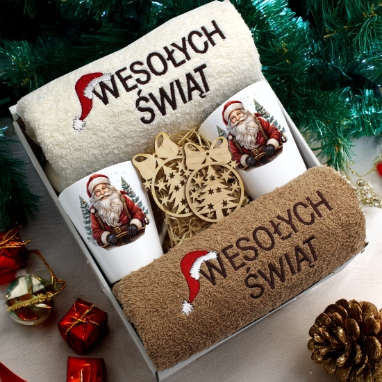 ZESTAW PREZENT ŚWIĄTECZNY KOMPLET KUBKI LATTE RĘCZNIKI ŚWIĘTA MIKOŁAJ