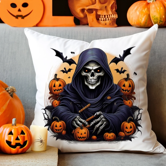 POSZEWKA DEKORACYJNA HALLOWEEN VELVET 40x40 WELUROWA ŚMIERĆ KOSTUCHA DYNIE NIETOPERZE