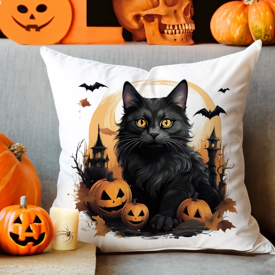 POSZEWKA DEKORACYJNA 40x40 JASIEK OZDOBNA HALLOWEENOWA HALLOWEEN DYNIA CZARNY KOT ZAMEK STRASZNY DOM NIETOPERZE