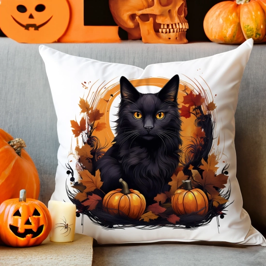 POSZEWKA DEKORACYJNA 40x40 JASIEK OZDOBNA HALLOWEENOWA HALLOWEEN DYNIA CZARNY KOT NIETOPERZE