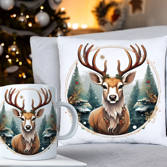 ŚWIĄTECZNY KOMPLET PODUSZKA 40x40 I KUBEK NA ŚWIĘTA MIKOŁAJ RENIFER PREZENT