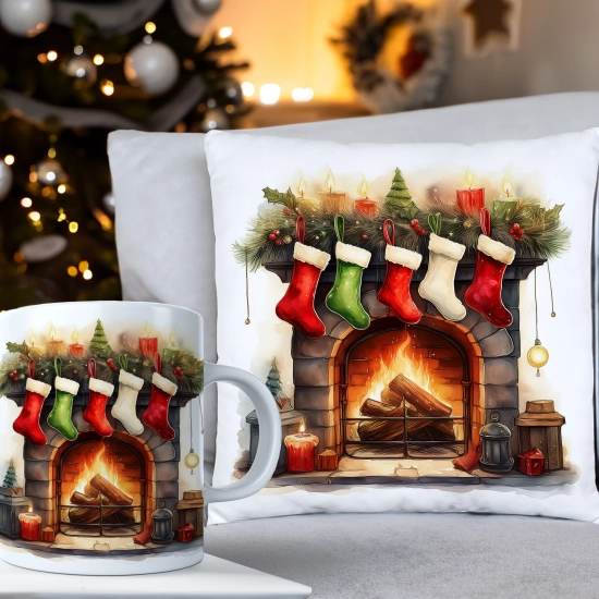 ŚWIĄTECZNY KOMPLET PODUSZKA 40x40 I KUBEK NA ŚWIĘTA MIKOŁAJ RENIFER PREZENT