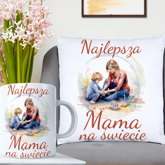 KOMPLET DLA MAMY PODUSZKA 40X40CM + KUBEK 330ml NA PREZENT DZIEŃ MATKI MAMA
