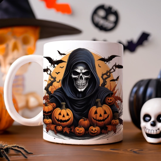 HALLOWEENOWY KUBEK 330ml NA HERBATĘ KAWĘ NA PREZENT ŚMIERĆ KOSTUCHA KOŚCIOTRUP ZOMBIE DYNIE NIETOPERZE
