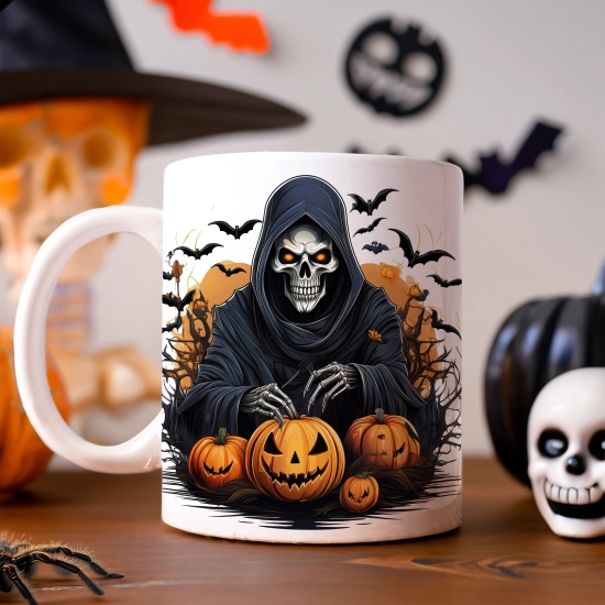 HALLOWEENOWY KUBEK 330ml NA HERBATĘ KAWĘ NA PREZENT ŚMIERĆ KOSTUCHA KOŚCIOTRUP ZOMBIE DYNIE NIETOPERZE