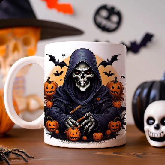 HALLOWEENOWY KUBEK 330ml NA HERBATĘ KAWĘ NA PREZENT ŚMIERĆ KOSTUCHA KOŚCIOTRUP ZOMBIE DYNIE NIETOPERZE