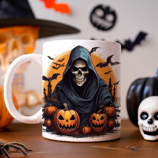 HALLOWEENOWY KUBEK 330ml NA HERBATĘ KAWĘ NA PREZENT ŚMIERĆ KOSTUCHA KOŚCIOTRUP ZOMBIE DYNIE NIETOPERZE
