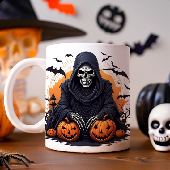 HALLOWEENOWY KUBEK 330ml NA HERBATĘ KAWĘ NA PREZENT ŚMIERĆ KOSTUCHA KOŚCIOTRUP ZOMBIE DYNIE NIETOPERZE