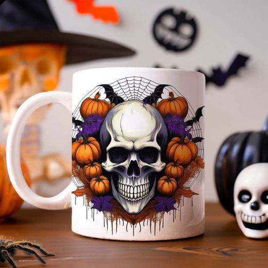 HALLOWEENOWY KUBEK 330ml NA HERBATĘ KAWĘ NA PREZENT KOŚCIOTRUP CZASZKA DYNIE NIETOPERZE