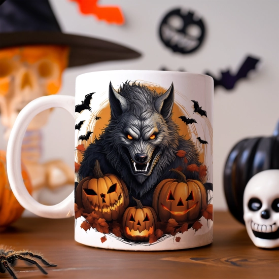 HALLOWEENOWY KUBEK 330ml NA HERBATĘ KAWĘ NA PREZENT WILKOŁAK DYNIE NIETOPERZE