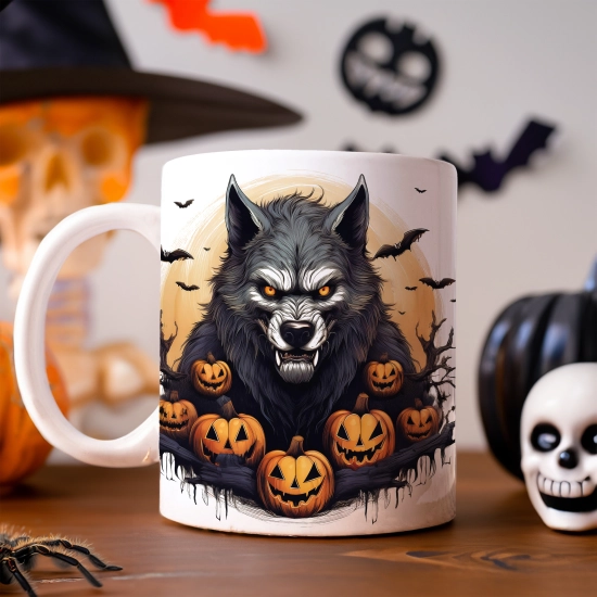 HALLOWEENOWY KUBEK 330ml NA HERBATĘ KAWĘ NA PREZENT WILKOŁAK DYNIE NIETOPERZE