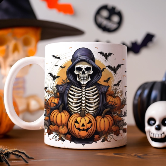 HALLOWEENOWY KUBEK 330ml NA HERBATĘ KAWĘ NA PREZENT KOŚCIOTRUP KOSTUCHA DYNIE NIETOPERZE