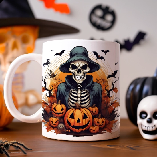 HALLOWEENOWY KUBEK 330ml NA HERBATĘ KAWĘ NA PREZENT KOŚCIOTRUP KOSTUCHA DYNIE NIETOPERZE