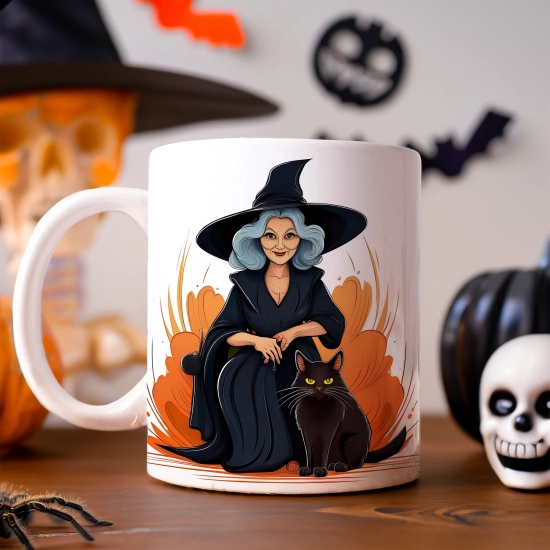 HALLOWEENOWY KUBEK 330ml NA HERBATĘ KAWĘ NA PREZENT CZARODZIEJKA WIEDŹMA CZAROWNICA CZARNY KOT