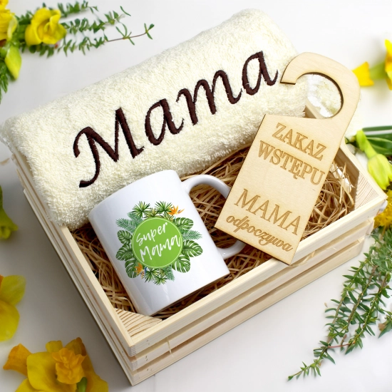 KOMPLET DLA MAMY RĘCZNIK Z HAFTEM + KUBEK 330ml NA PREZENT DZIEŃ MATKI MAMA