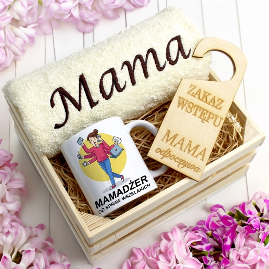 KOMPLET DLA MAMY RĘCZNIK Z HAFTEM + KUBEK 330ml NA PREZENT DZIEŃ MATKI MAMA