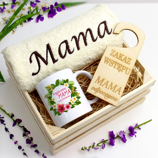 KOMPLET DLA MAMY RĘCZNIK Z HAFTEM + KUBEK 330ml NA PREZENT DZIEŃ MATKI MAMA