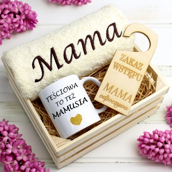 KOMPLET DLA MAMY RĘCZNIK Z HAFTEM + KUBEK 330ml NA PREZENT DZIEŃ MATKI MAMA