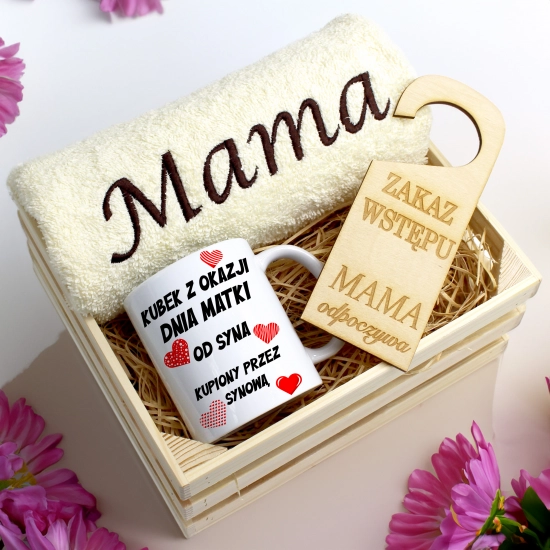 KOMPLET DLA MAMY RĘCZNIK Z HAFTEM + KUBEK 330ml NA PREZENT DZIEŃ MATKI MAMA
