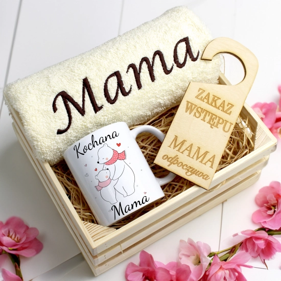 KOMPLET DLA MAMY RĘCZNIK Z HAFTEM + KUBEK 330ml NA PREZENT DZIEŃ MATKI MAMA