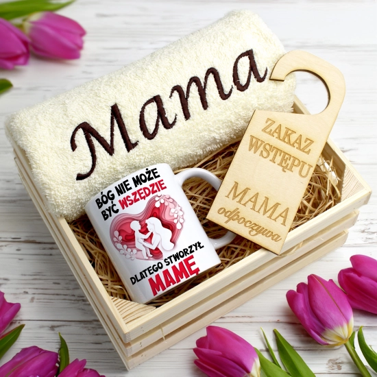 KOMPLET DLA MAMY RĘCZNIK Z HAFTEM + KUBEK 330ml NA PREZENT DZIEŃ MATKI MAMA