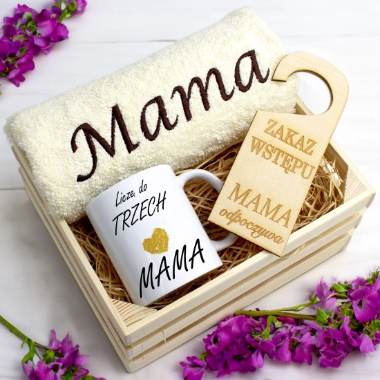 KOMPLET DLA MAMY RĘCZNIK Z HAFTEM + KUBEK 330ml NA PREZENT DZIEŃ MATKI MAMA