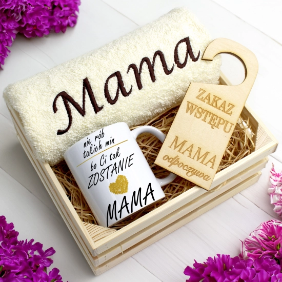 KOMPLET DLA MAMY RĘCZNIK Z HAFTEM + KUBEK 330ml NA PREZENT DZIEŃ MATKI MAMA