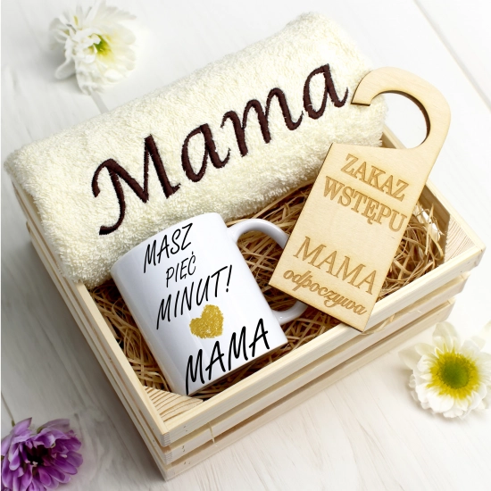KOMPLET DLA MAMY RĘCZNIK Z HAFTEM + KUBEK 330ml NA PREZENT DZIEŃ MATKI MAMA