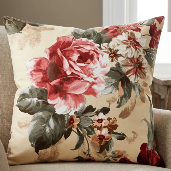 Ozdobna poszewka na jasiek we wzór Vintage Peonie na fotelu