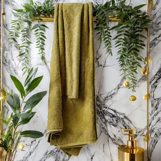 Elegancki, oliwkowozielony ręcznik łazienkowy Rimini z bawełny zawieszony na złotym relingu w designerskim wnętrzu.