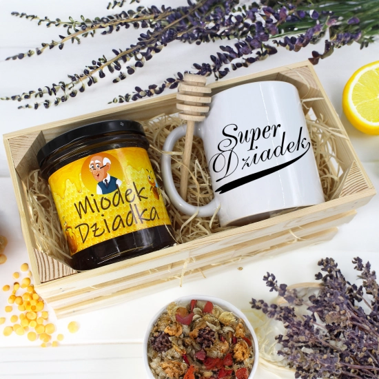 PREZENT DLA DZIADKA KOMPLET KUBEK MIÓD NATURALNY SKRZYNCE DZIADEK UPOMINEK