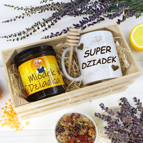 PREZENT DLA DZIADKA KOMPLET KUBEK MIÓD NATURALNY SKRZYNCE DZIADEK UPOMINEK