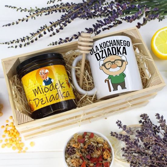 PREZENT DLA DZIADKA KOMPLET KUBEK MIÓD NATURALNY SKRZYNCE DZIADEK UPOMINEK
