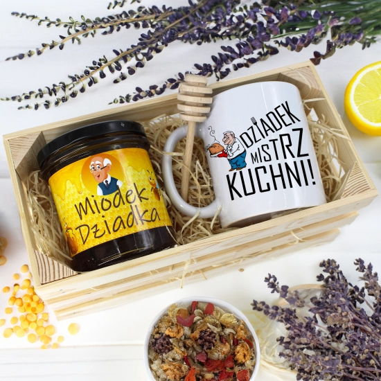 PREZENT DLA DZIADKA KOMPLET KUBEK MIÓD NATURALNY SKRZYNCE DZIADEK UPOMINEK