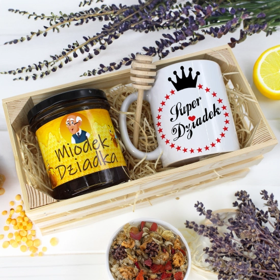 PREZENT DLA DZIADKA KOMPLET KUBEK MIÓD NATURALNY SKRZYNCE DZIADEK UPOMINEK