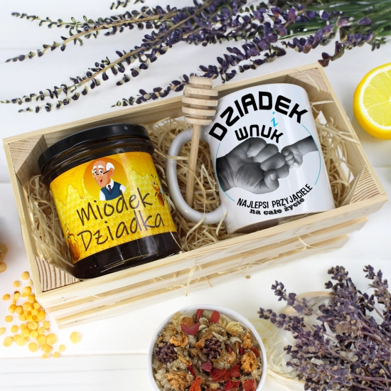 PREZENT DLA DZIADKA KOMPLET KUBEK MIÓD NATURALNY SKRZYNCE DZIADEK UPOMINEK