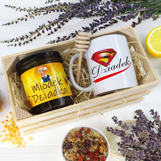 PREZENT DLA DZIADKA KOMPLET KUBEK MIÓD NATURALNY SKRZYNCE DZIADEK UPOMINEK