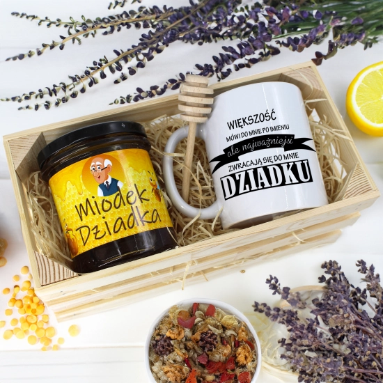 PREZENT DLA DZIADKA KOMPLET KUBEK MIÓD NATURALNY SKRZYNCE DZIADEK UPOMINEK