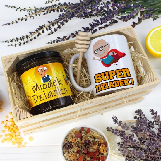 PREZENT DLA DZIADKA KOMPLET KUBEK MIÓD NATURALNY SKRZYNCE DZIADEK UPOMINEK